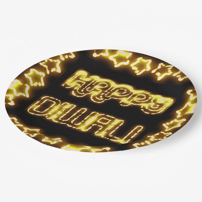 Happy Diwali Yellow Golden Lights Typography Stars Paper Plates (Angled)