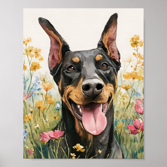 Happy Doberman in Wildflowers – Watercolor Dog Art Poster (Front)