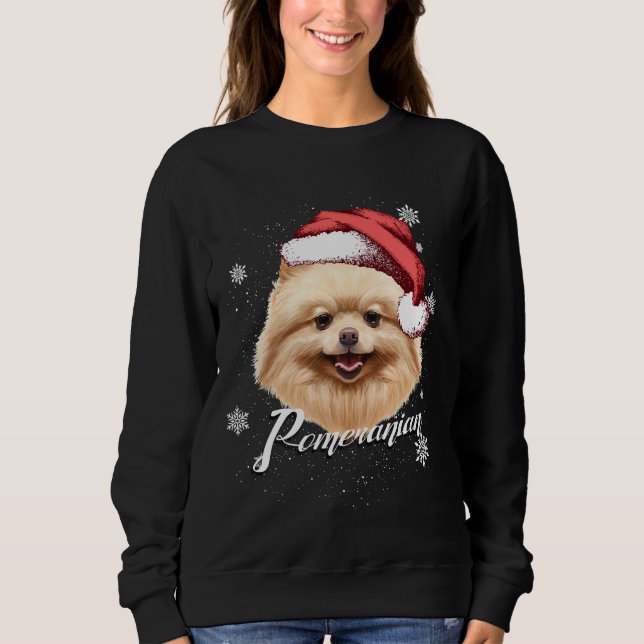 Happy Dog Brown Pomeranian Christmas Santa Hat Sweatshirt (Front)