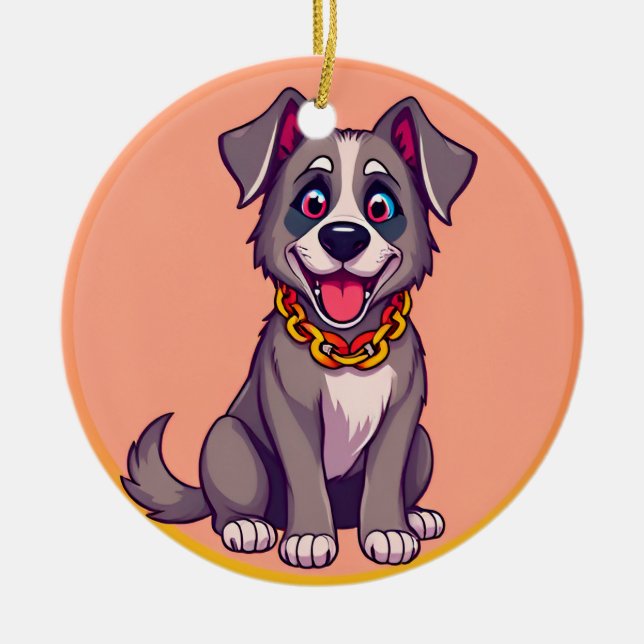 Happy Dog Cartoon Illustration Ceramic Ornament (Front)