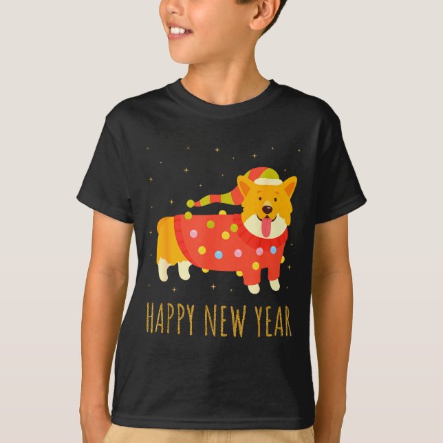 Happy Dog Corgi Celebrating New Year Cozy Christma T-Shirt (Front)