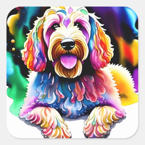 Happy Dog Goldendoodle Watercolor Design Square Sticker
