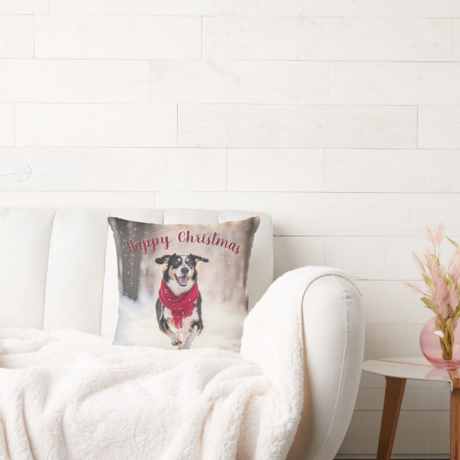 Happy Dog In Snow Throw Pillow (Couch)