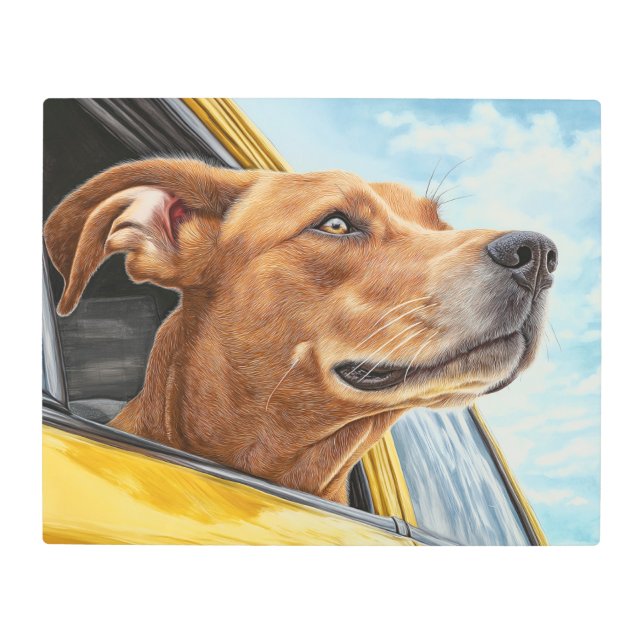 Happy Dog in Yellow Car Art Print (Front)