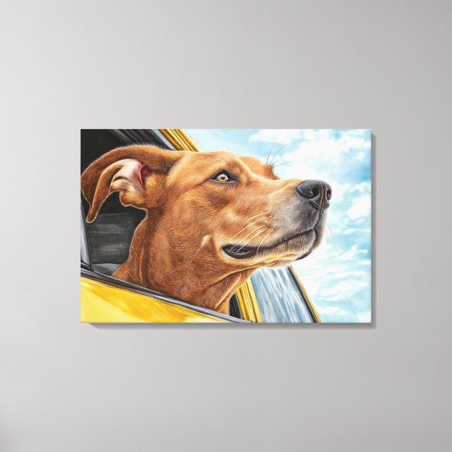 Happy Dog in Yellow Car Art Print (Front)