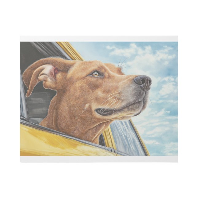 Happy Dog in Yellow Car Art Print (Front)