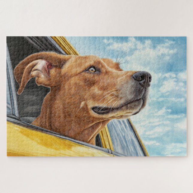Happy Dog in Yellow Car Art Print Jigsaw Puzzle (Horizontal)