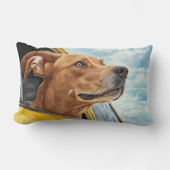 Happy Dog in Yellow Car Art Print Lumbar Pillow (Front)