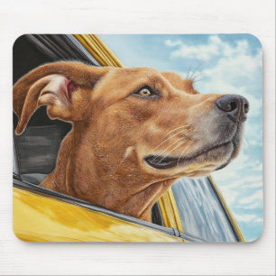 Happy Dog in Yellow Car Art Print Mouse Pad