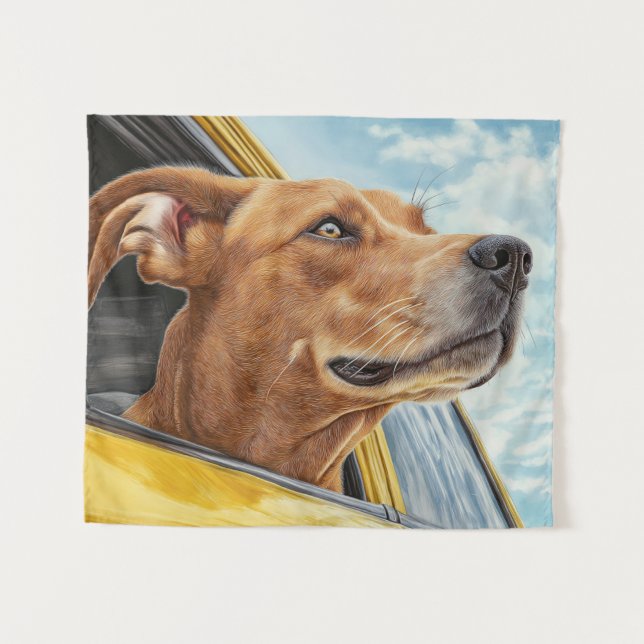 Happy Dog in Yellow Car Art Print Tapestry (Front (Horizontal))