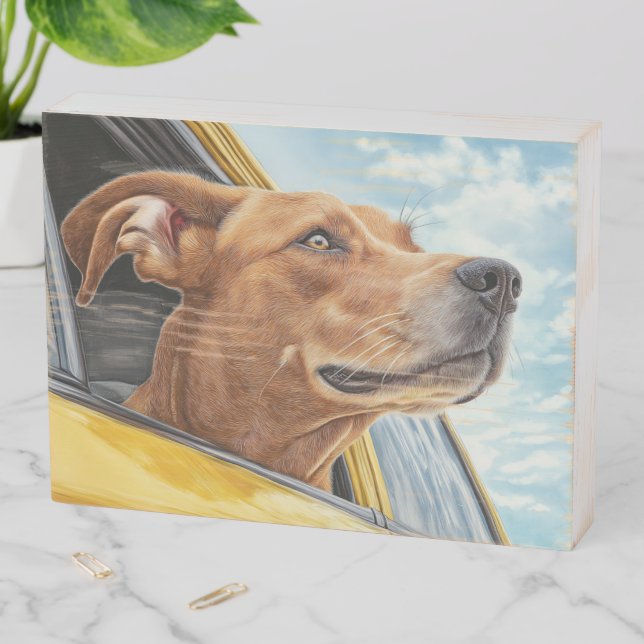 Happy Dog in Yellow Car Art Print Wooden Box Sign (In Situ Horizontal)
