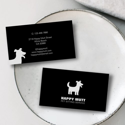 Happy Dog Logo Pet Sitting Service Black White Business Card