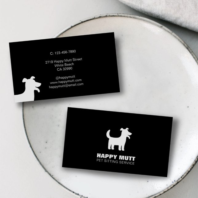 Happy Dog Logo Pet Sitting Service Black White Business Card (Creator Uploaded)