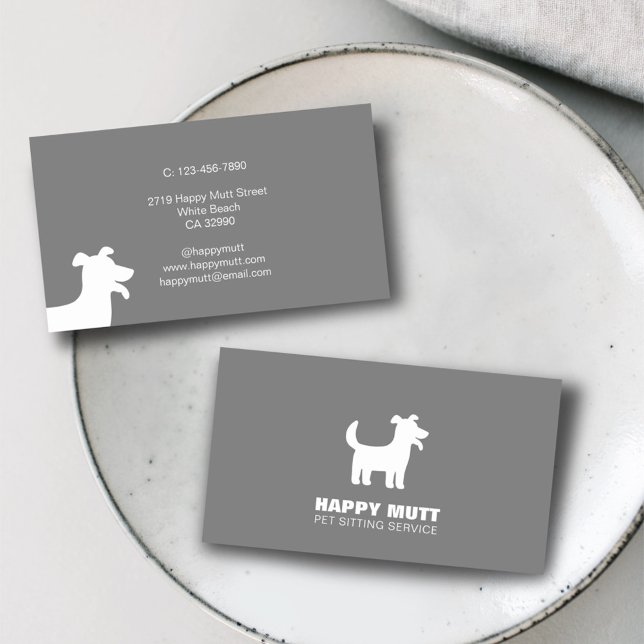 Happy Dog Logo Pet Sitting Service Care Grey Business Card (Creator Uploaded)