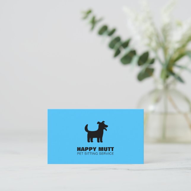 Happy Dog Logo Pet Sitting Service Care Sky Blue Business Card (Standing Front)