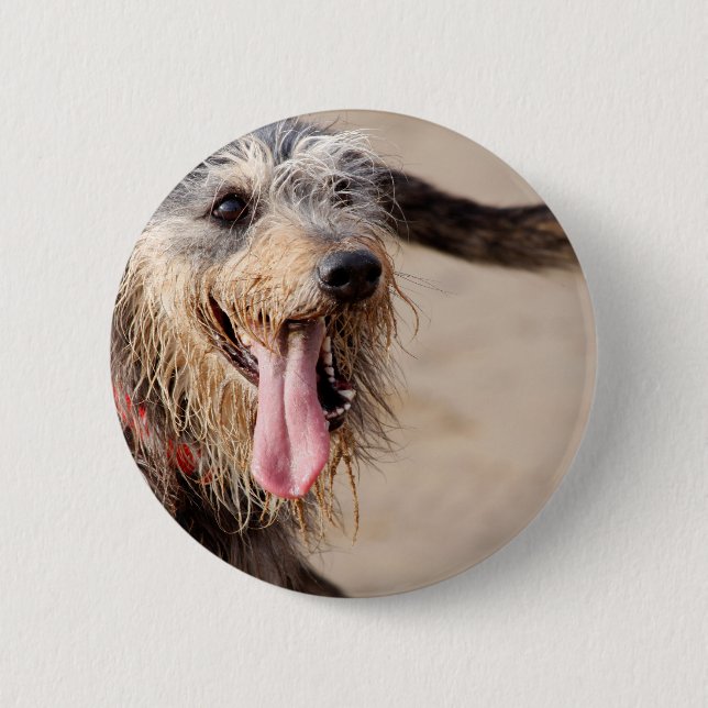 Happy dog on a beach pinback button (Front)
