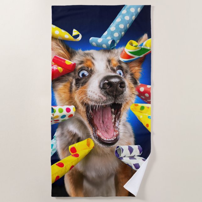 Happy Dog Party Blowers Beach Towel (Front)