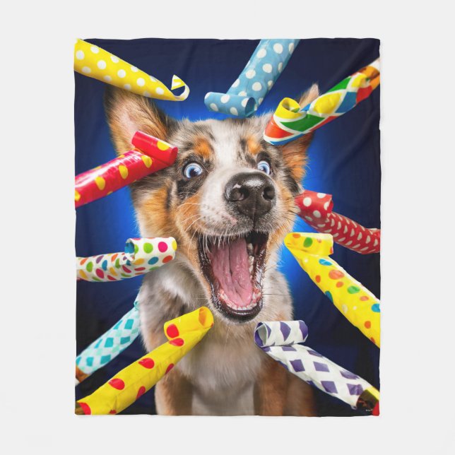 Happy Dog Party Blowers Fleece Blanket (Front)