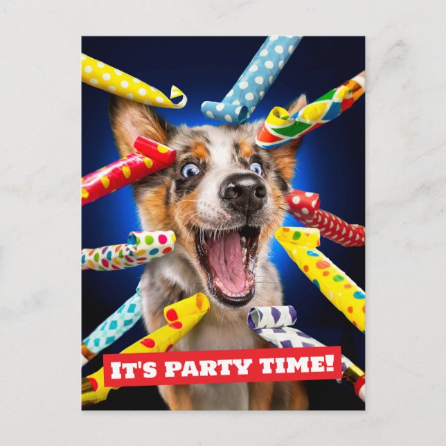 Happy Dog Party Blowers Invitation Postcard (Front)