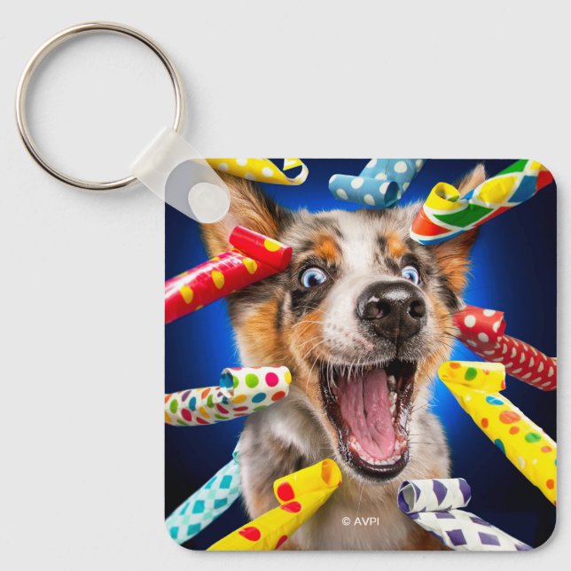 Happy Dog Party Blowers Keychain (Front)