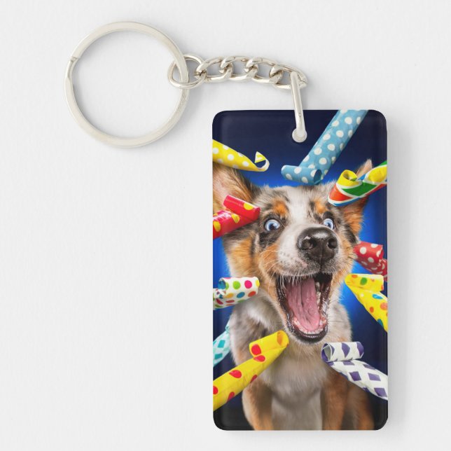 Happy Dog Party Blowers Keychain (Front)