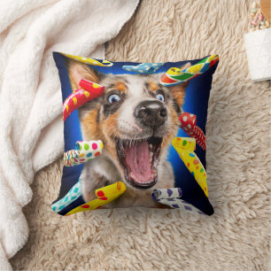 Happy Dog Party Blowers Throw Pillow