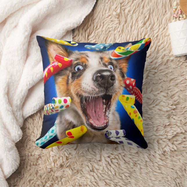 Happy Dog Party Blowers Throw Pillow (Blanket)