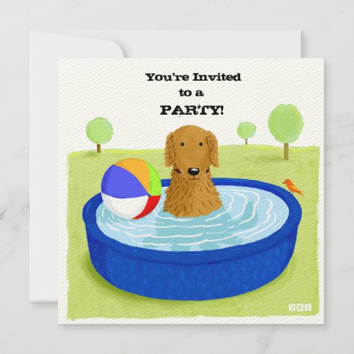 Happy Dog Pool Party  Cute Golden Retriever Invitation