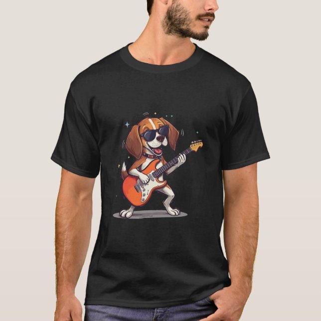 Happy Dog Rocker Playing Guitar with sunglasses T-Shirt (Front)