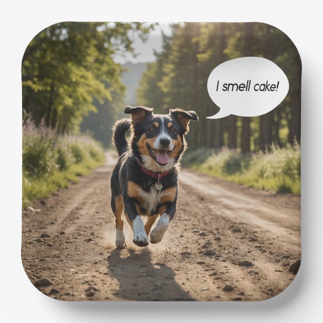 Happy Dog Smelling Birthday Cake Paper Plates (Front)