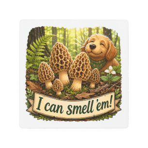 Happy Dog Smelling Morel Mushrooms - Nature Love Metal Print