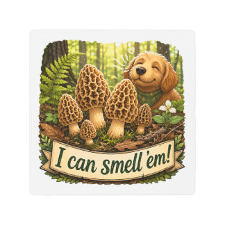 Happy Dog Smelling Morel Mushrooms - Nature Love Metal Print