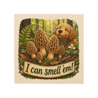 Happy Dog Smelling Morel Mushrooms - Nature Love Wood Wall Art