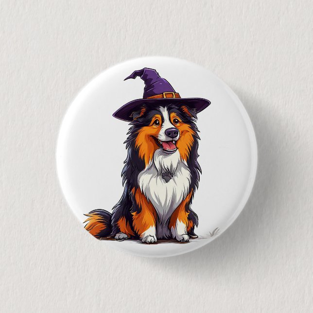 Happy Dog Wearing a Witch Hat Button (Front)
