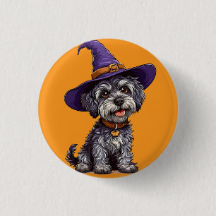 Happy Dog Wearing a Witch Hat Button