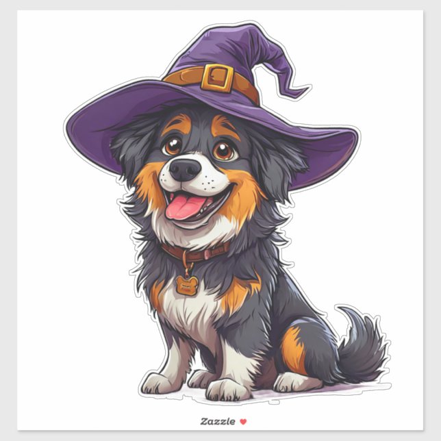 Happy Dog Wearing a Witch Hat Sticker (Sheet)