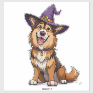 Happy Dog Wearing a Witch Hat Sticker
