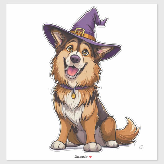 Happy Dog Wearing a Witch Hat Sticker (Sheet)