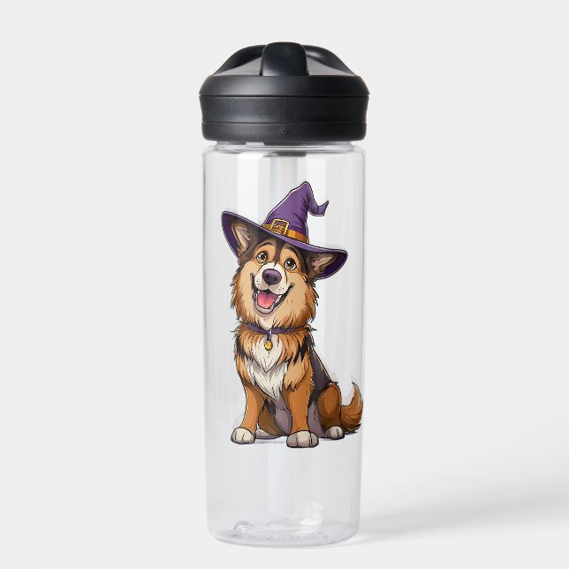 Happy Dog Wearing a Witch Hat Water Bottle (Front)