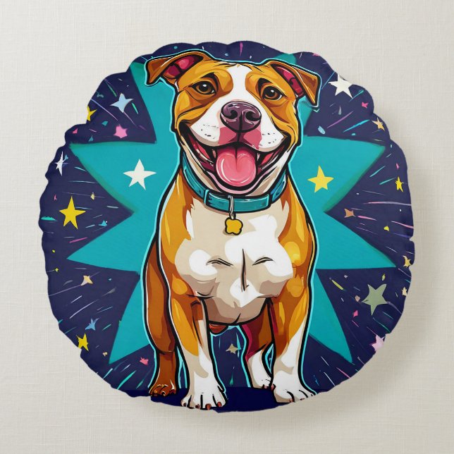 Happy Dog With Star Background Round Pillow (Front)
