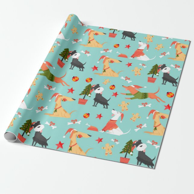 Happy Dogs Christmas Pattern Wrapping Paper (Unrolled)