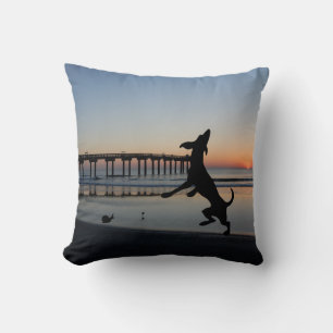 Happy Dogs Dancing on Beach Scene Throw Pillow
