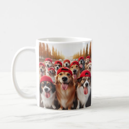 HAPPY DOGS IN RED HATS COFFEE MUG