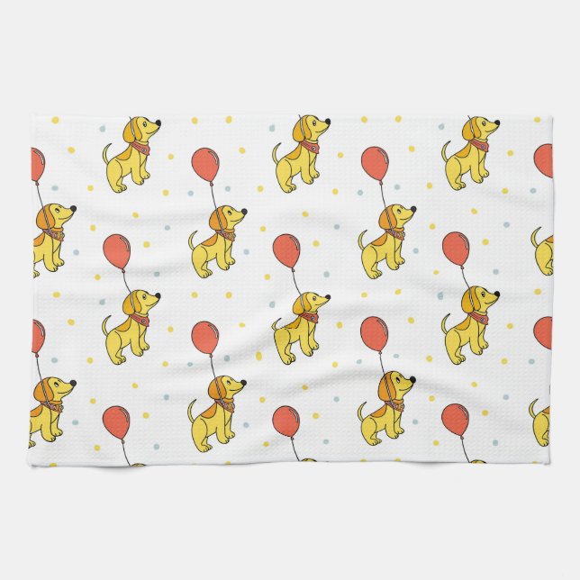 Happy Dogs with Balloons Pattern Kitchen Towel (Horizontal)