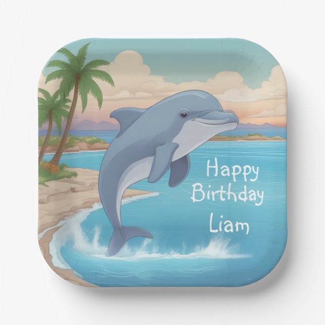 Happy Dolphin Birthday Paper Plates (Front)