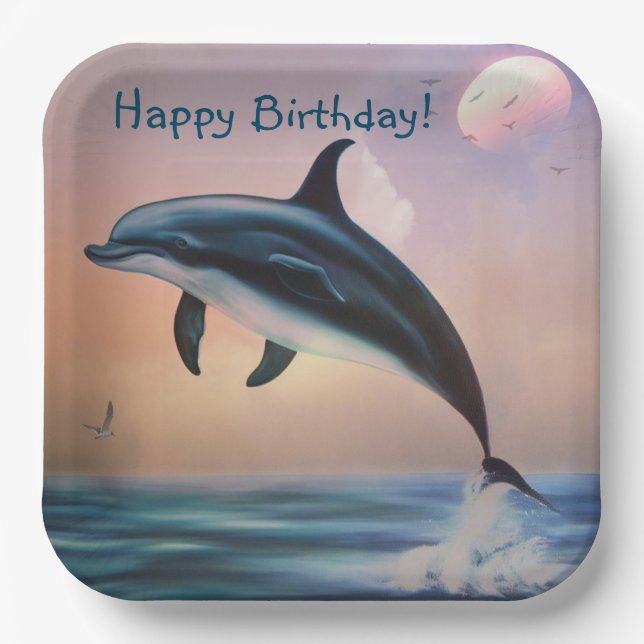Happy Dolphin Birthday Paper Plates (Front)