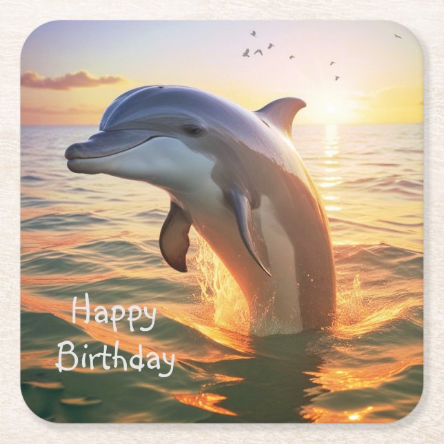 Happy Dolphin Birthday Square Paper Coaster (Front)