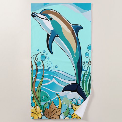 Happy Dolphin Jumping from Tropical Ocean Beach Towel