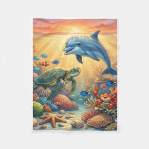 Happy Dolphin Swimming In Vibrant Sunset Ocean Fle Fleece Blanket