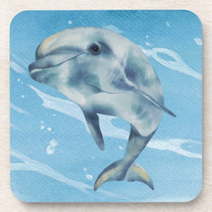 Happy Dolphin Watercolor Beach Ocean   Beverage Coaster